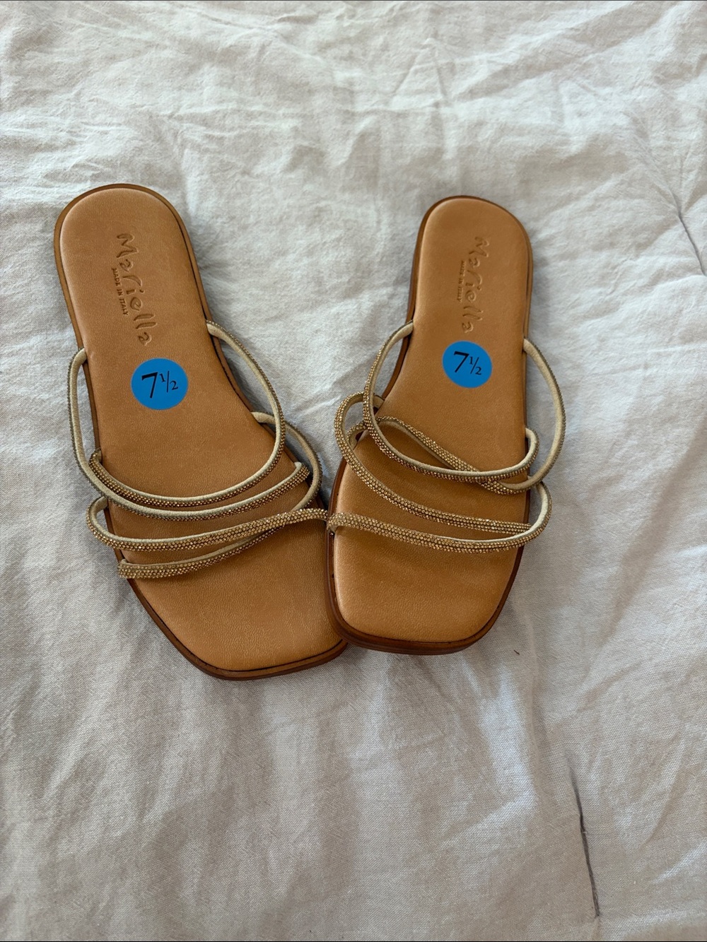 MARELLA Metallic Gold Strappy Slide Sandals with Tan Footbed